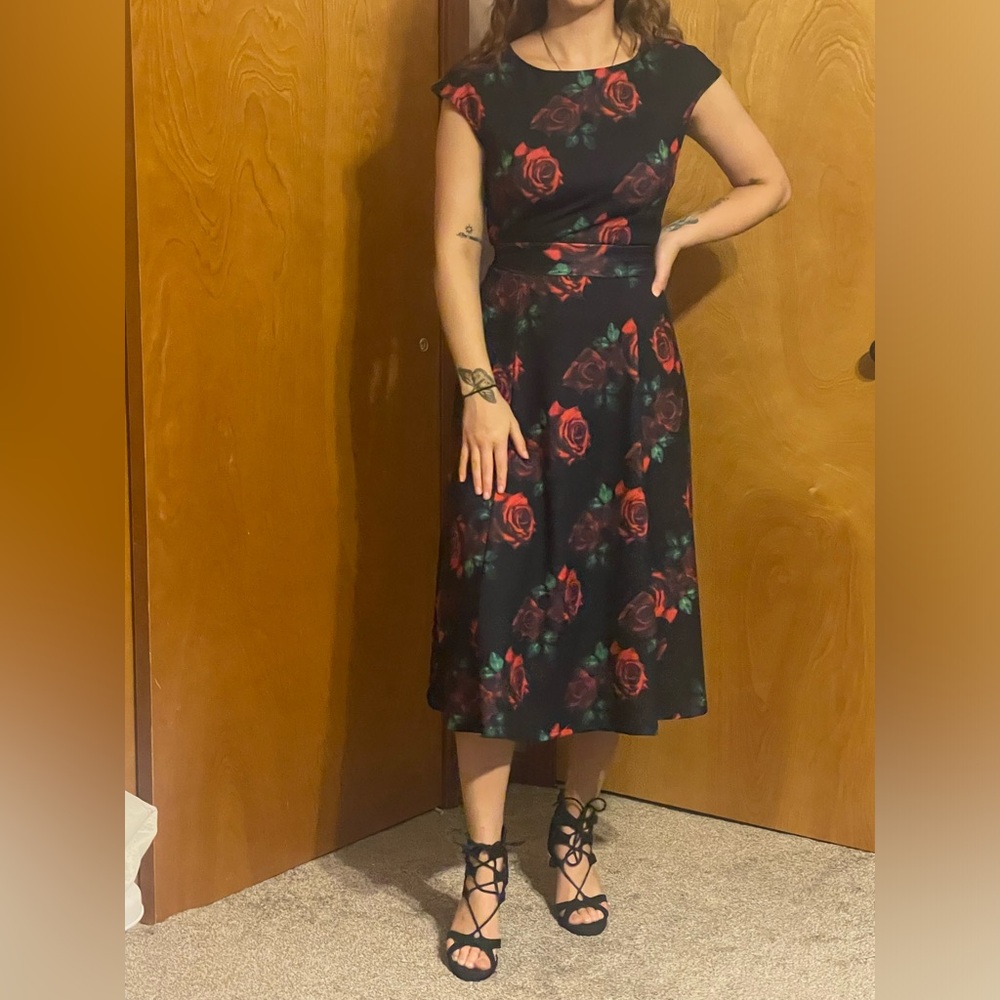Elegant Black and Red Floral Dress